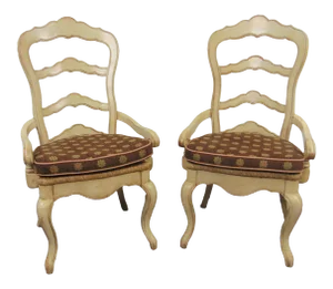 Country French Cream Distressed Ladderback Arm Chairs -A Pair