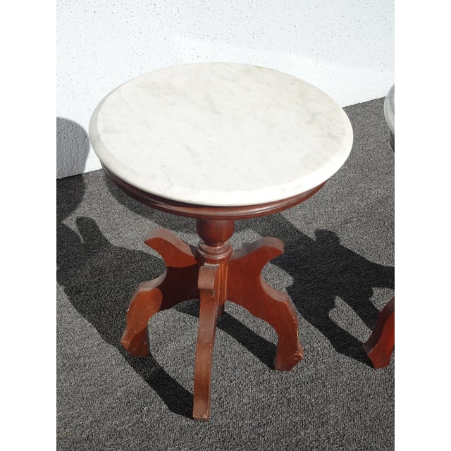 Pair of Antique White Marble Top Mahogany Parlor Round Brown Side Tables Italy For Sale - Image 9 of 18