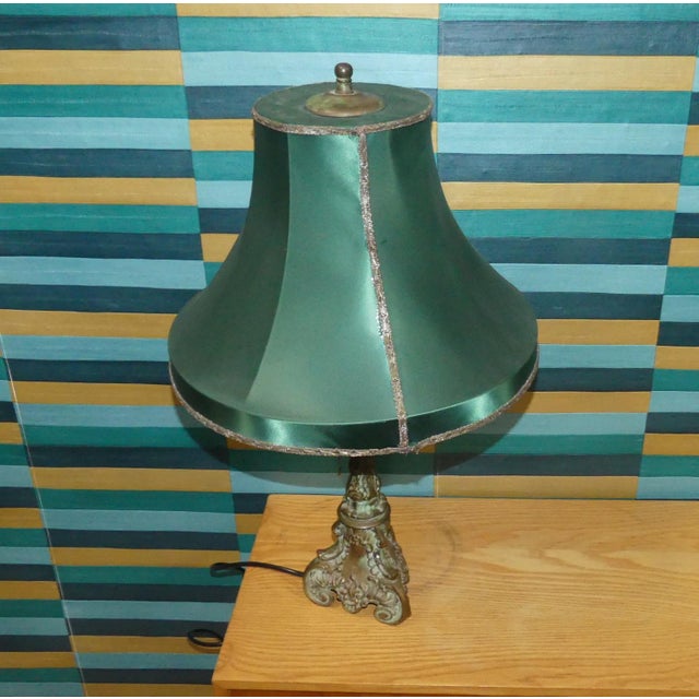 Vintage Table Lamp in Brass and Dark Green Satin Shade, 1920s For Sale - Image 3 of 13