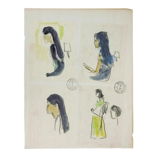 Early 20th Century Portrait Studies of Tahitian Woman Watercolor Painting For Sale