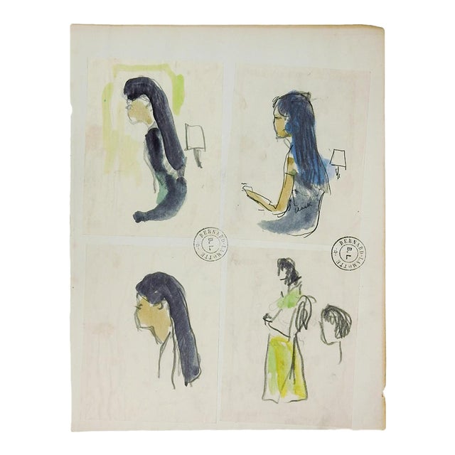 Early 20th Century Portrait Studies of Tahitian Woman Watercolor Painting For Sale