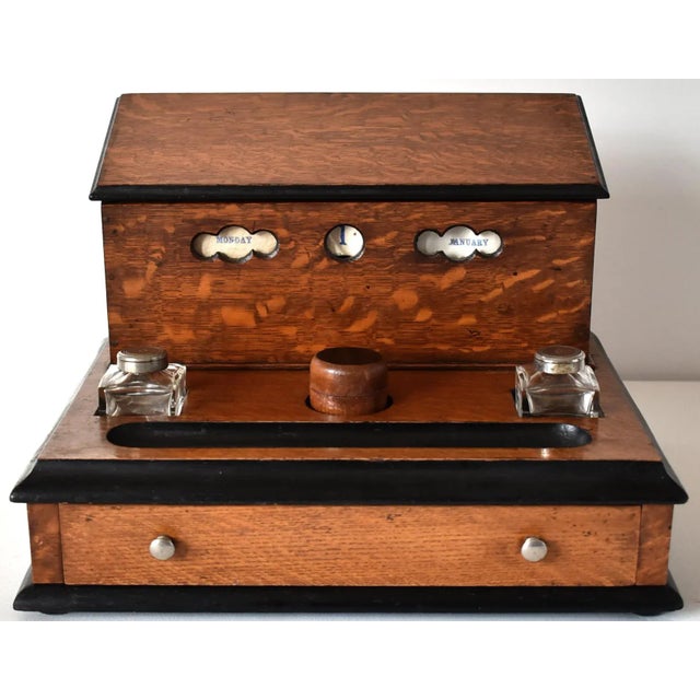 Victorian Tiger Oak Letterbox and Inkstand With Perpetual Calendar For Sale - Image 13 of 13