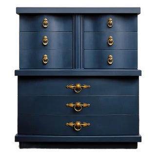 1960s Refinished Bassett 6-Drawer Dresser in Wise Owl Vintage Denim – Smooth Chalk Finish & Brass Hardware For Sale