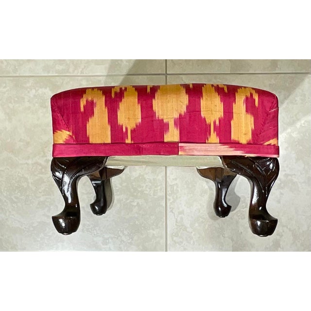 1920s Antique Solid Wood Footstool / 19th-Century Silk Ikat /Artisan Statement Piece For Sale - Image 5 of 16