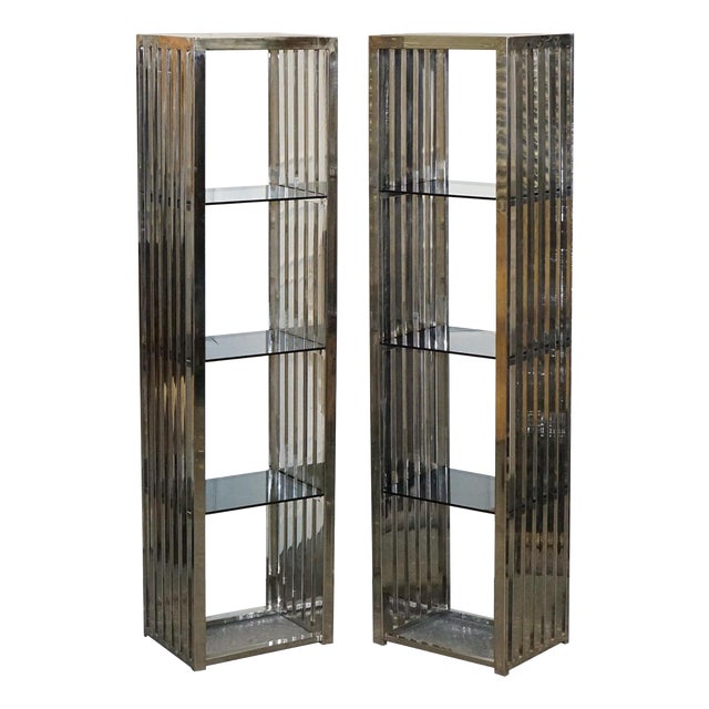 Stainless Steel Bookcases with Smoked Glass Shelves from Casa Padrino, Set of 2 For Sale