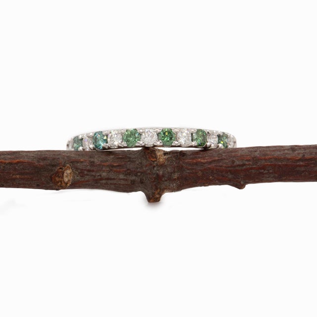 Green and White Natural Diamond Stackable Band Ring: Solid 14k White Gold For Sale - Image 4 of 8