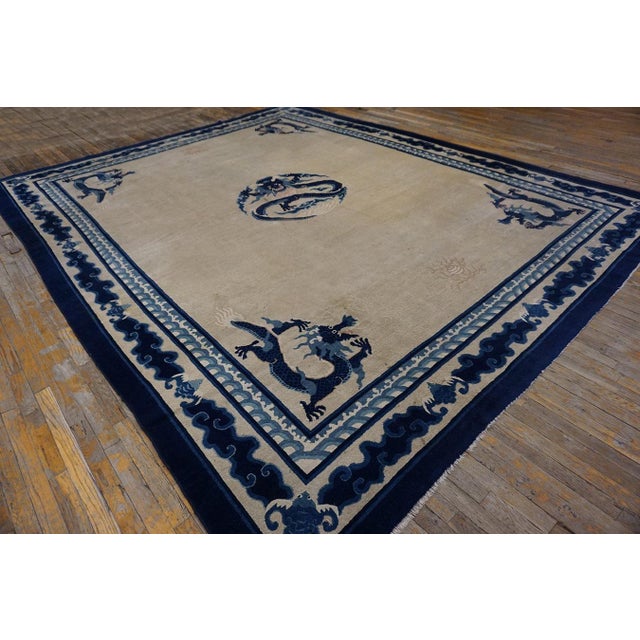 Chinoiserie 1890s Ivory Blue Open Antique Chinese Peking Dragon Carpet 10'2"x12'8" Wool Rug For Sale - Image 3 of 8