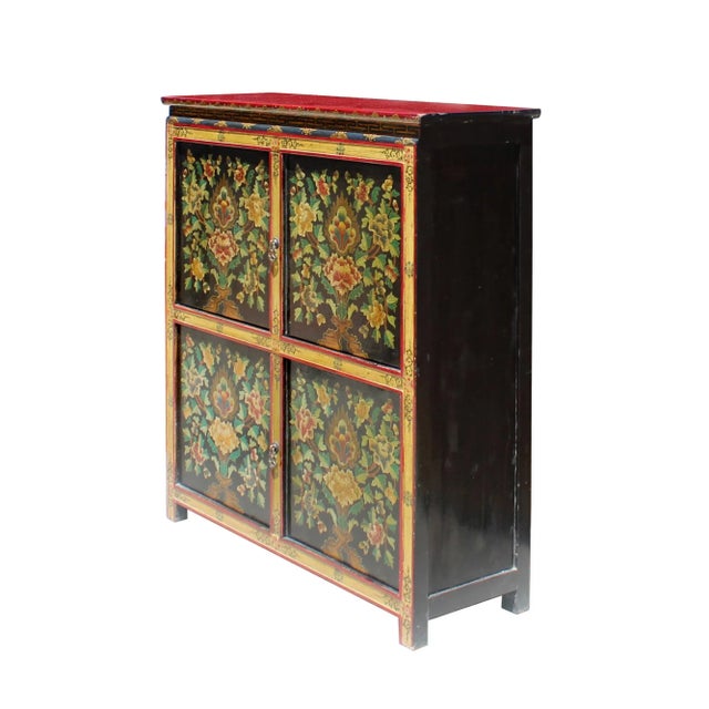 Tribal Chinese Tibetan Treasure Color Flower Graphic Storage Cabinet For Sale - Image 3 of 8