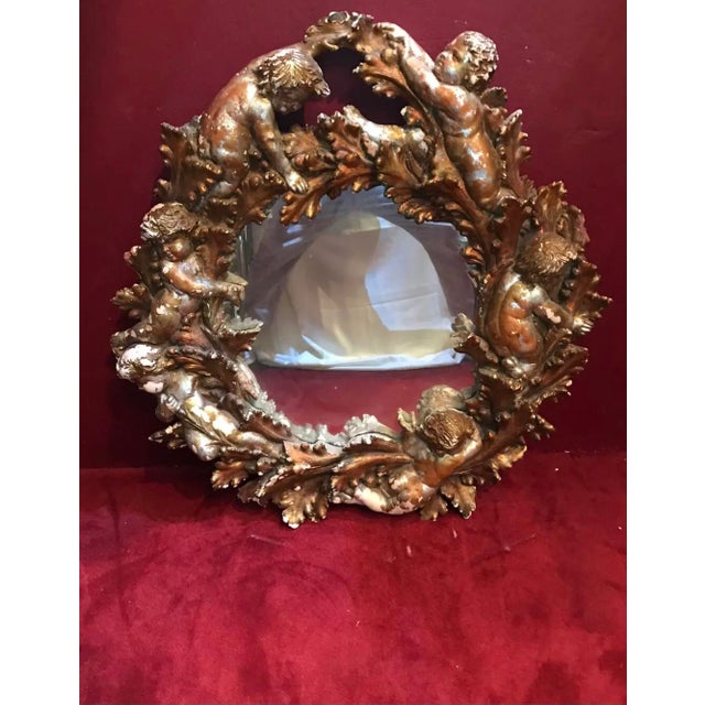 Brass 19th Century Italian Distress Gilt Mirror Frame With Cherubs Wreath For Sale - Image 8 of 8