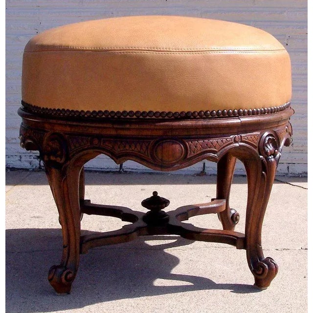 Round Ottoman with Carved Legs and Leather Upholstered Seat For Sale In Denver - Image 6 of 7