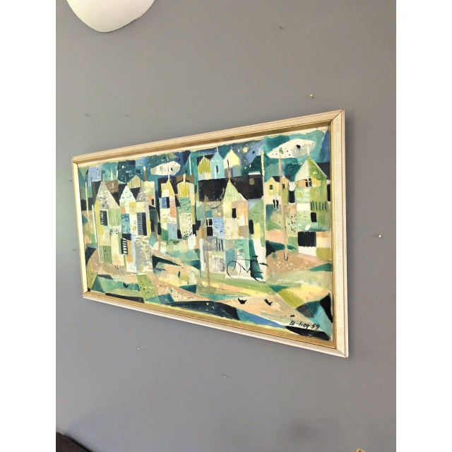 Mid 20th Century 1959 Mid-Century Modern "Geometric Neighbourhood" Vintage Abstract Cityscape Oil Painting, Framed For Sale - Image 5 of 10