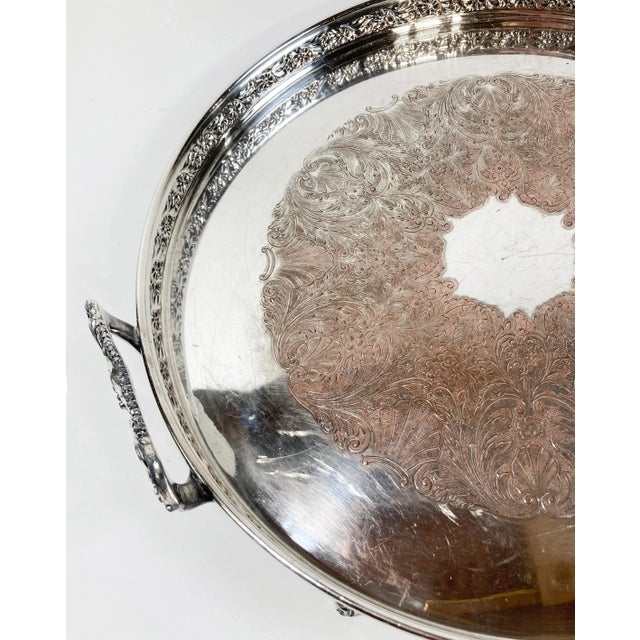 Vintage Footed Round Engraved Silver Plate Tray For Sale - Image 10 of 11