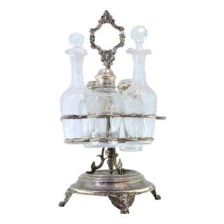 Silver and Glass Cruet Set with Salt Shaker, Pepper Shaker and Mustard Pot, Set of 6 For Sale