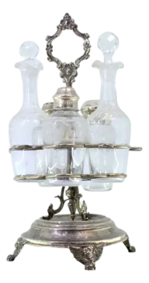 Silver and Glass Cruet Set with Salt Shaker, Pepper Shaker and Mustard Pot, Set of 6