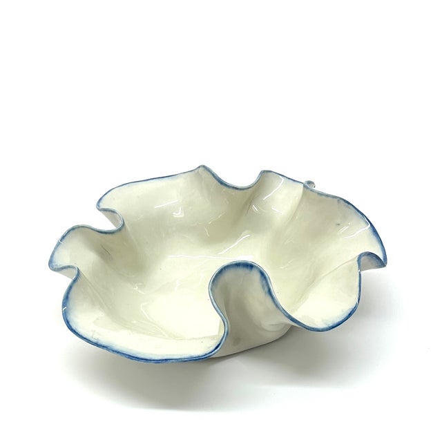 Mid 20th Century Sculpted Artisanal Blue & White Earthenware Bowl For Sale - Image 5 of 10