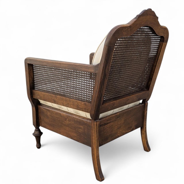 French Provincial Late 20th Century French Provincial Cane Armchair With Striped Upholstery For Sale - Image 3 of 14