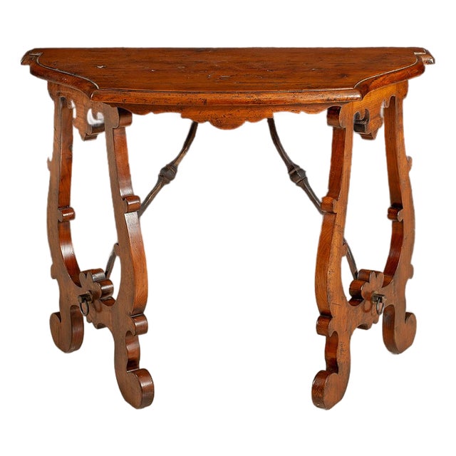 Handcrafted Italian Solid Walnut Console Table With Iron Stretchers For Sale