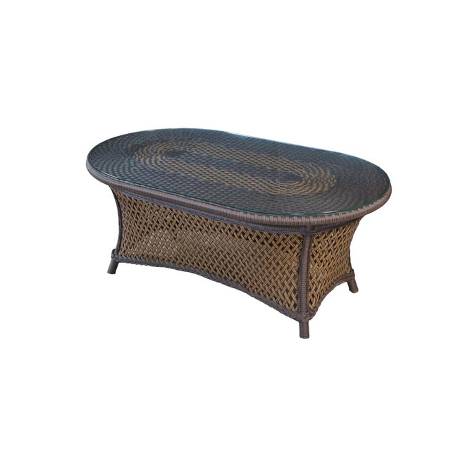 Contemporary Lloyd Flanders Oval Wicker Coffee Table Two Tone Patio Table With Glass Top Boho For Sale - Image 3 of 18