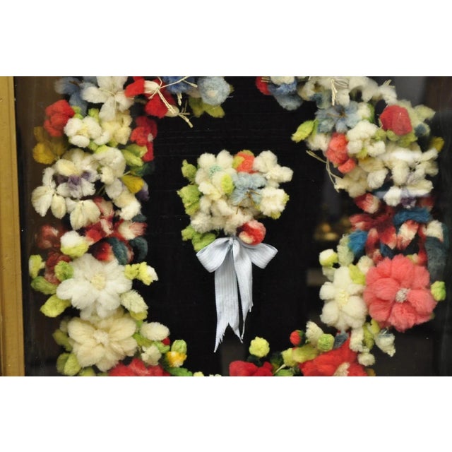 Early 20th Century Victorian Mahogany Deep Shadow Box Frame Felt Cotton Mourning Wreath Wall Art For Sale - Image 4 of 11