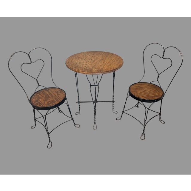 Mid 20th Century 3 Piece Vintage Twisted Iron & Oak Ice Cream Parlor Set Table & 2 Chairs For Sale - Image 5 of 9