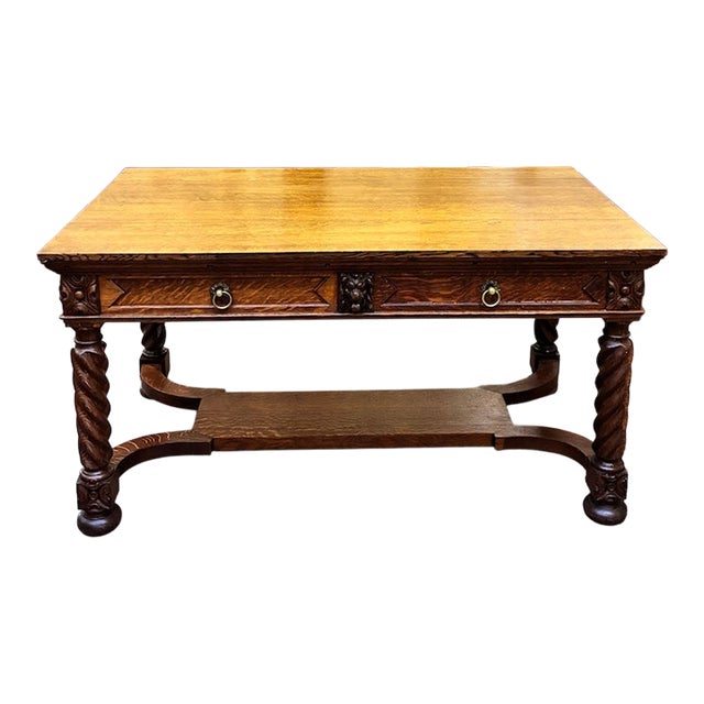 Solid Oak Library Table With Drawers C 1900 For Sale