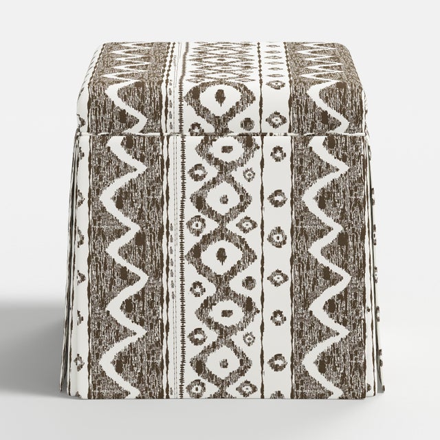 Spritely Home Dyer Skirted Storage Ottoman in Linny Ikat Brown For Sale - Image 4 of 5