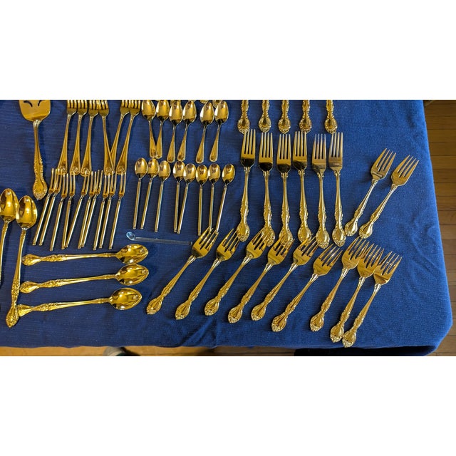 Mid-Century Modern Late 20th Century Mid Century Modern Curated Gold-Tone Flatware Service - Featuring Gense Nobel & Mixed Ornate Patterns - 86-Piece For Sale - Image 3 of 7