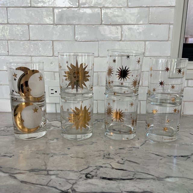 Spectacular vintage Culver midcentury Celestial Gold Tumblers, set of 8. Includes 4 different designs: Moon & Stars,...