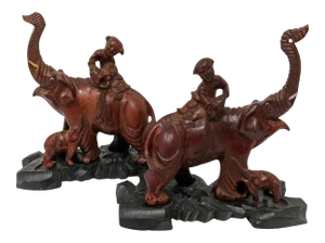 Asian Hand Carved Wood Elephants With Base - Set of 2