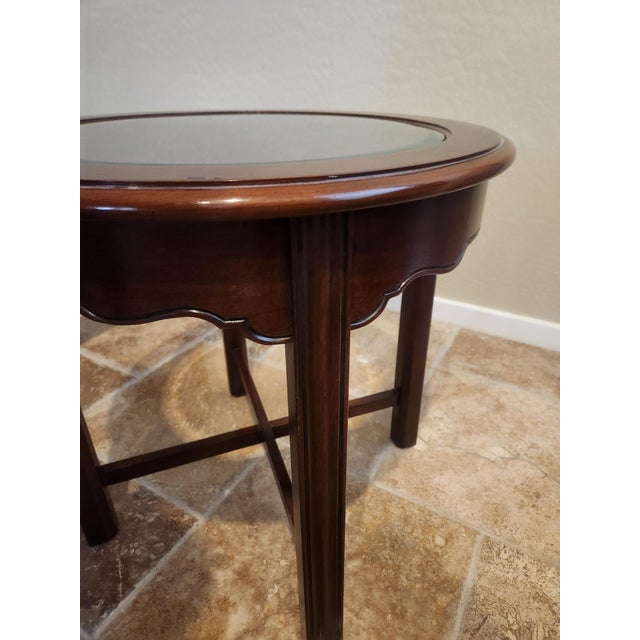 Chippendale Attributed to Drexel Heritage Chippendale 'Carleton Cherry' 24-Inch Round Inset Glass Accent Table (4 Piece Set Available) 1990 For Sale - Image 3 of 3