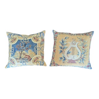 Vintage French Neoclassical Aubusson Jacquard Tapestry Pillows- A Pair For Sale