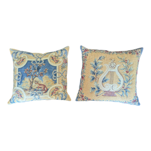 Vintage French Neoclassical Aubusson Jacquard Tapestry Pillows- A Pair