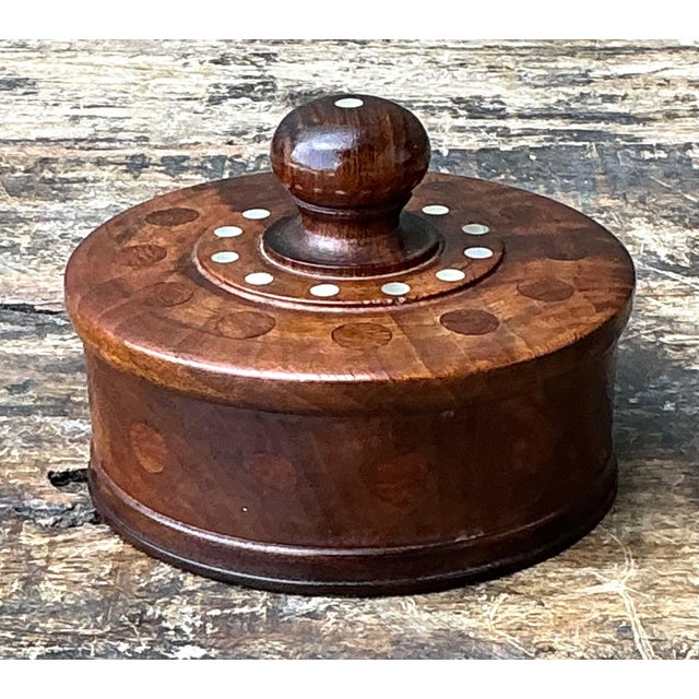 Vintage Round Wood Inlay Trinket Box For Sale - Image 12 of 15