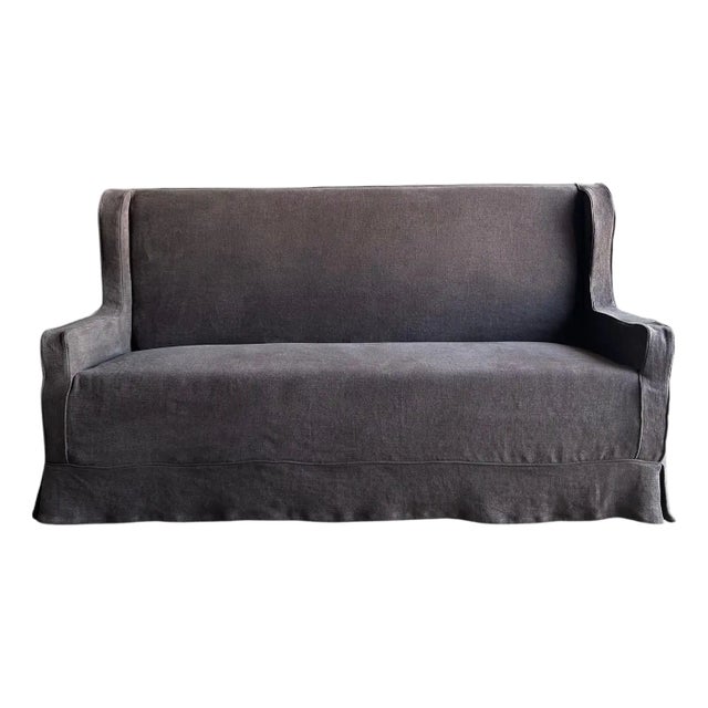 Slip Covered Settee Bench in Stone Washed Linen For Sale
