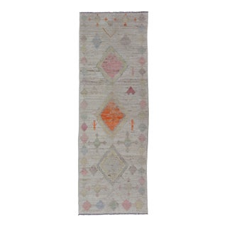 Modern Afghan Tribal Motif Design Runner in Cream and Vivid Colors For Sale