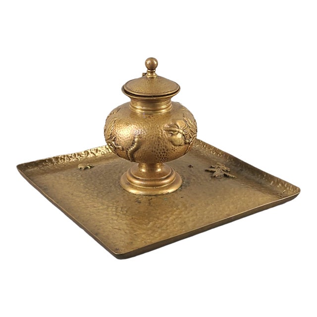 Antique Arts & Crafts Hand Hammered Bronze Butterfly Ladybug Floral Inkwell Trinket Tray For Sale