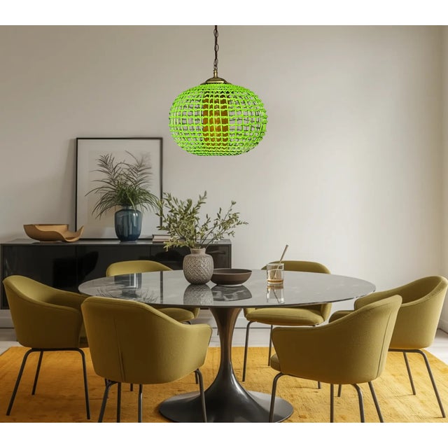 Vintage Rattan Green Globe Oange Glass Shade Pendant Light For Sale - Image 9 of 18