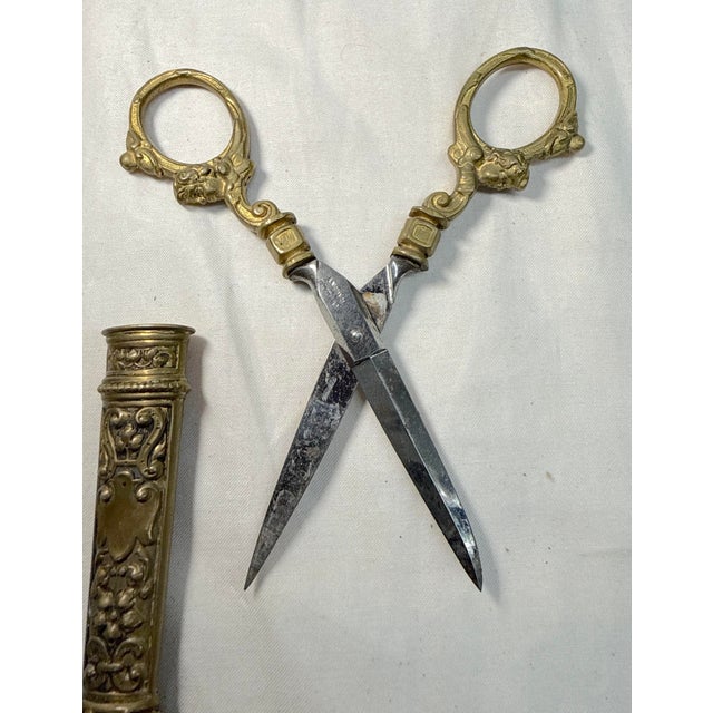Antique 19th Century Victorian Sewing Scissors Dagger W/ Brass Handles & Sheath For Sale - Image 11 of 11