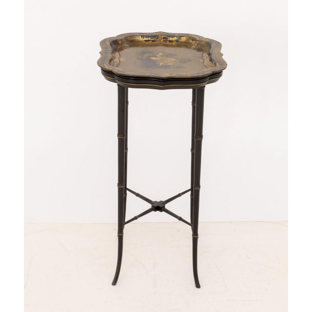Gold Victorian Papier Mache Tray Top Faux Bamboo Table For Sale - Image 8 of 9