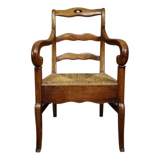 Empire-Style Armchair in Walnut with Woven Straw Seat For Sale