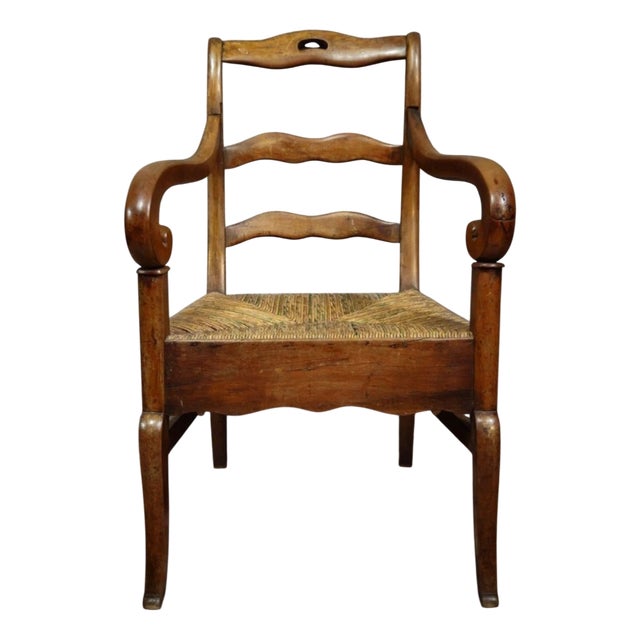 Empire-Style Armchair in Walnut with Woven Straw Seat For Sale