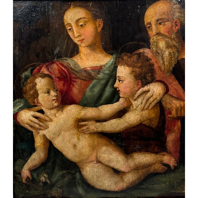 This refined composition depicts the Holy Family gathered in a scene of gentle and balanced intimacy. The Virgin, at the...