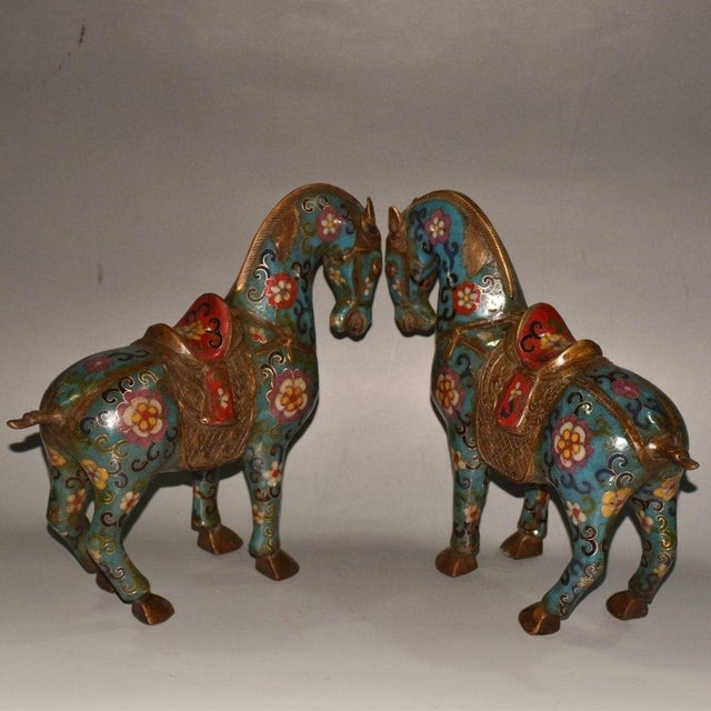 Pair of Vintage Chinese Cloisonné Tang Horses With Saddles - Turquoise Ground For Sale - Image 4 of 9