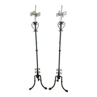 Pair of Black Wrought Iron Tripod Base With Pad Feet Floor Lamps, Circa 1930s For Sale