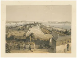 After Fossati and Gayer, Topkapi Palace Courtyard and Bosphorus, Istanbul, 1852, Tinted Lithograph