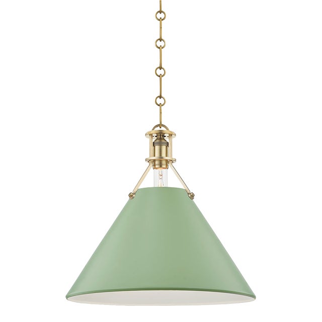 Hudson Valley Lighting Mark D. Sikes Painted No.2 1-Light Large Pendant, Aged Brass/Leaf Green Combo For Sale