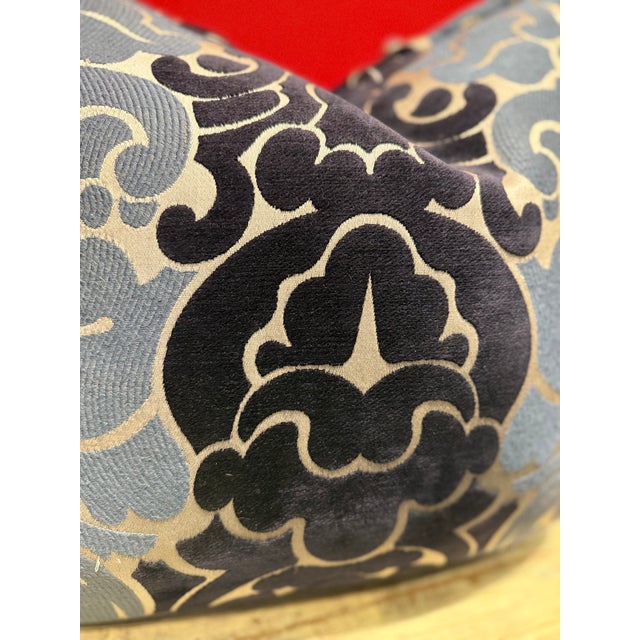 Gorgeous silk pillows with velvet burn out motif with down inserts. Blues against silver grey. In excellent condition.