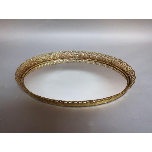 1950s Vintage Hollywood Regency Brass Filigree Oval Mirrored Vanity Tray, C. 1950s For Sale - Image 5 of 5
