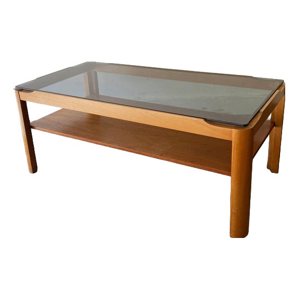 Mid-Century Teak Coffee Table with Smoked Glass Top from Myer For Sale
