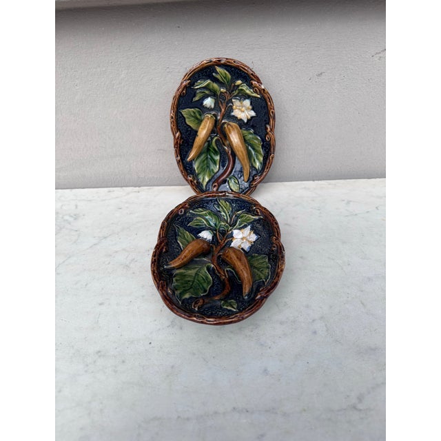 Small Pair of 19th Century Austrian Majolica Pepper Platter Johann Maresh. 6.3 by 4.3 inches.